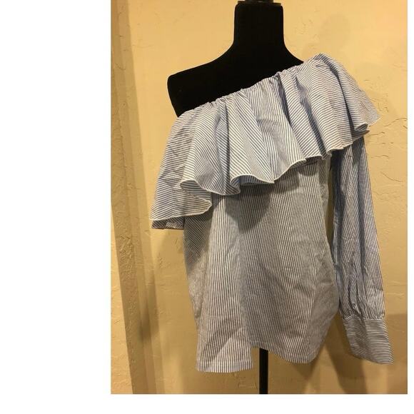 Loft, Blue/White Womens, One Shoulder Blouse $22, Size M, B51 - Picture 2 of 10